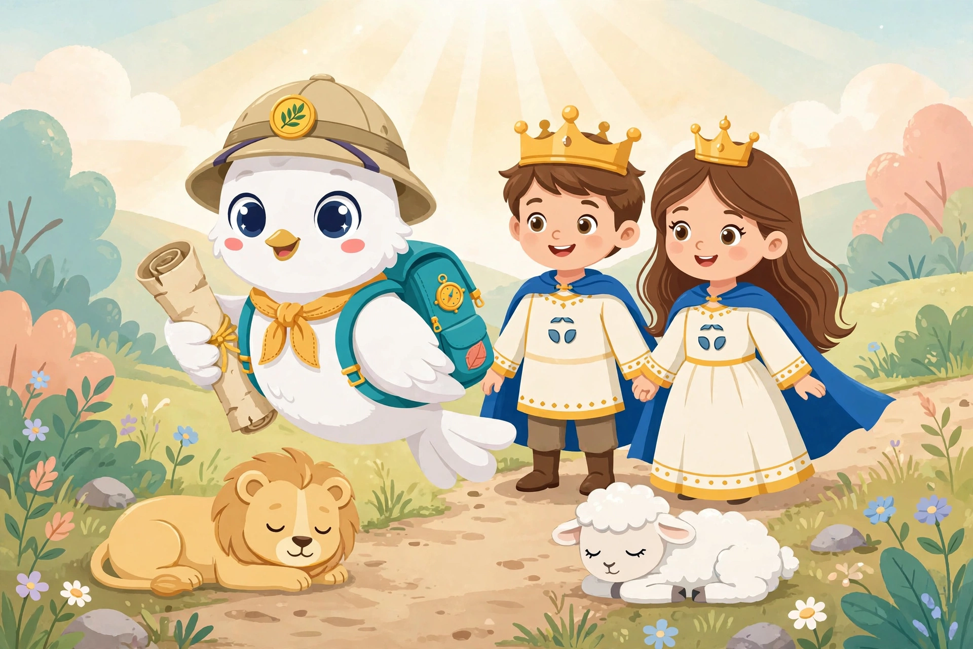 Paz, la palomita exploradora, con el Principito y la Princesita de Paz en su versión pequeña